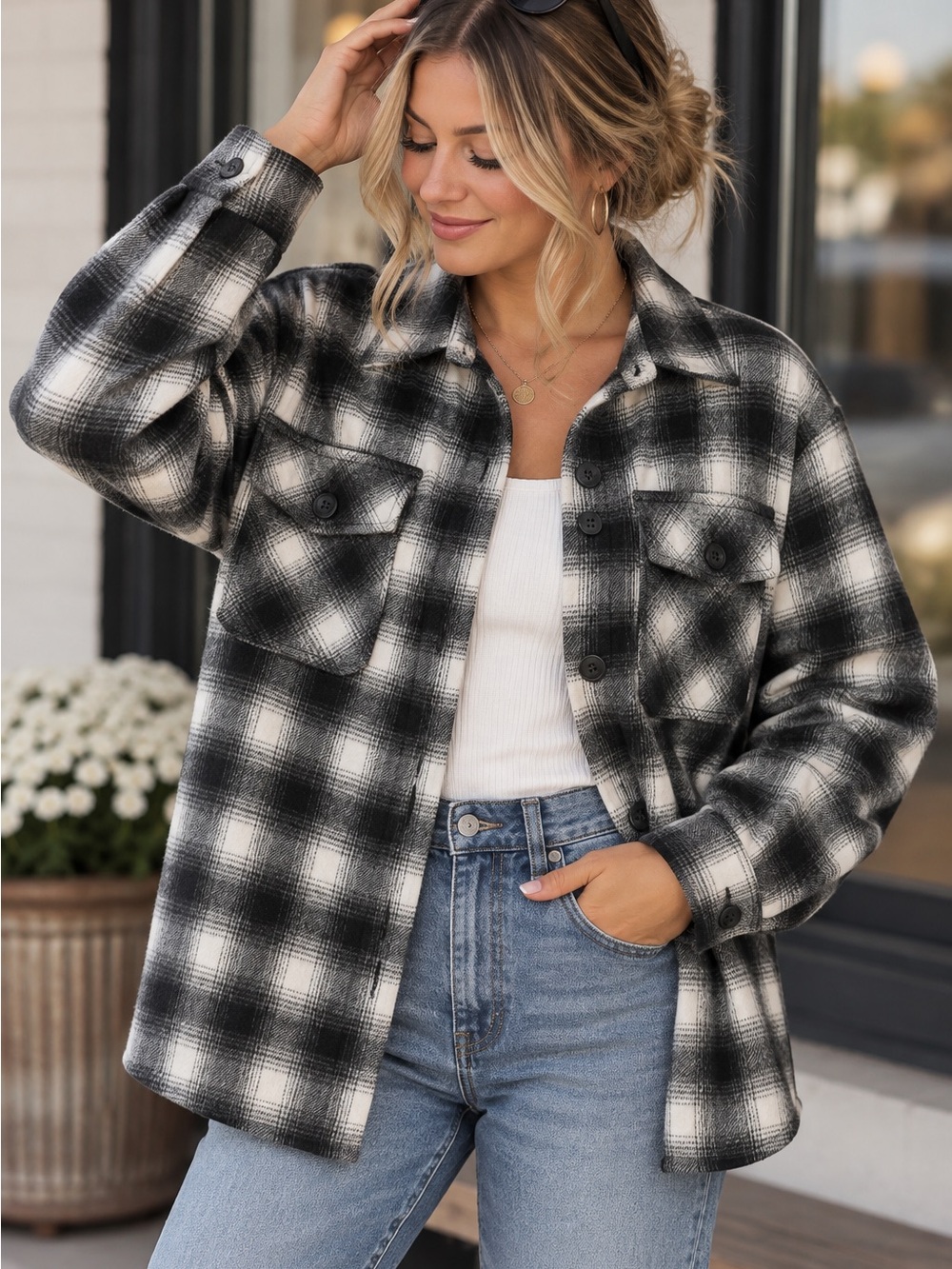 Thread & Supply Black and White Plaid Utility Shacket Like New